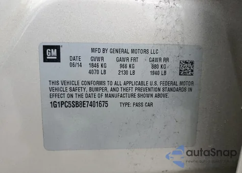 2014 Chevrolet Cruze Lt из США, поврежденный, VIN 1G1PC5SB8E7401675